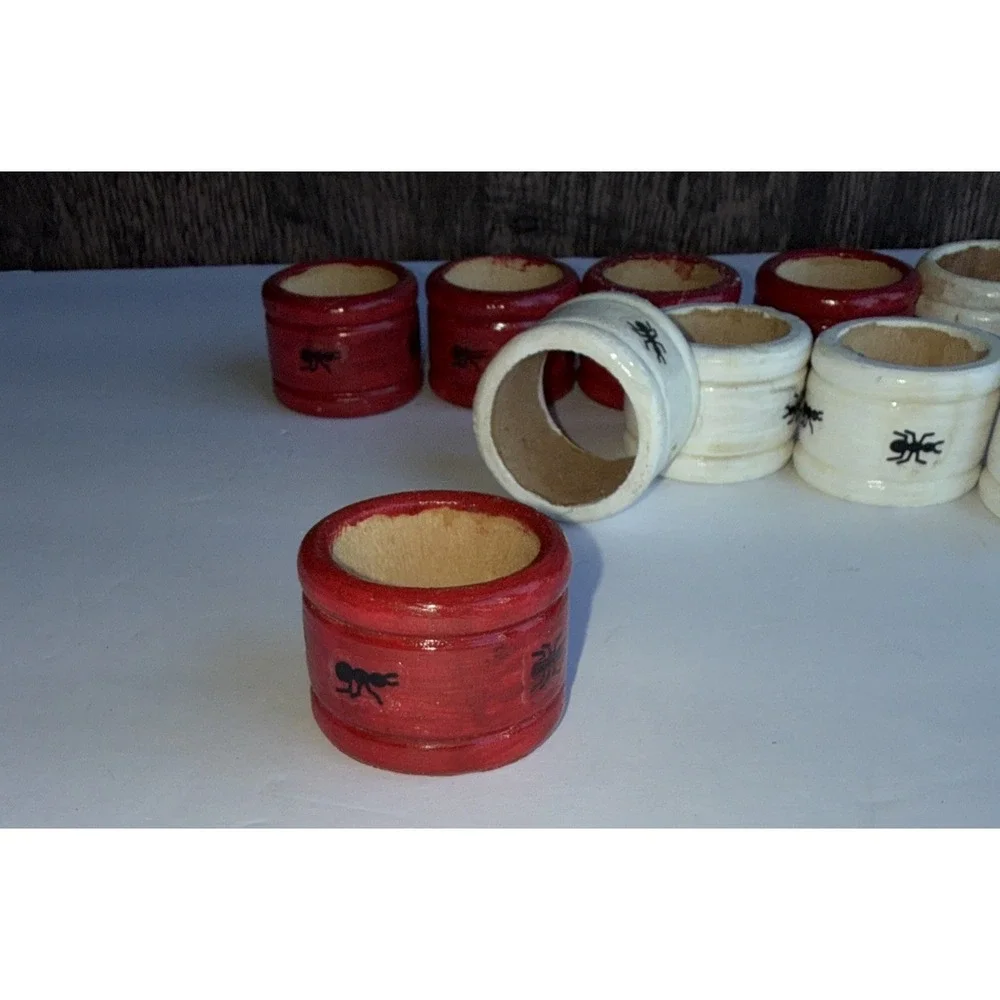 Set- 12 Vintage Ant Napkin‎ Rings Red An White Picnic Vibe